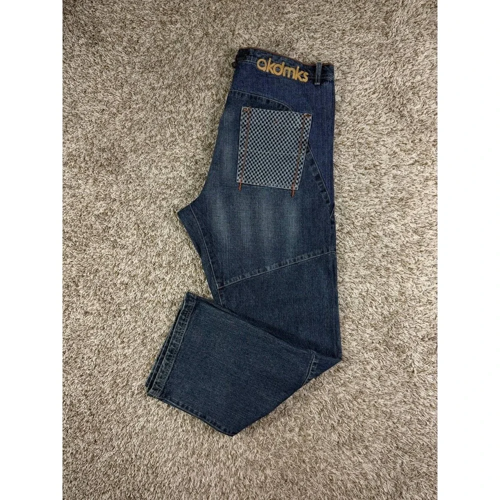 Akademiks Baggy Jeans Y2K Hip Hop Streetwear Skate Denim Checkered Panel Mens 38